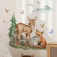 Montegoni Wandsticker Waldszene Wandsticker mit Fuchs und Hirsch, Abnehmbarer Aufkleber, Fuchs und Hirschmotiv für eine beruhigende Waldatmosphäre