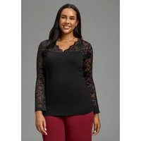 Laura Scott CURVE Spitzenshirt Große Größen figurbetonte Passform, V-Ausschnitt, Langarm, hüftlang