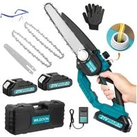oyajia Akku-Kettensäge 8 Zoll + 6 Zoll 2-in-1 Sägeblätter 650W Bürstenlose Elektro-Kettensäge, 19 cm Schwertlänge, mit 2×21V/2,0Ah Akku, 2 Führungsstange+2 Sägekette, 650W, Mehrfacher Sicherheitsschutz, für Garten Holz und Astscheren