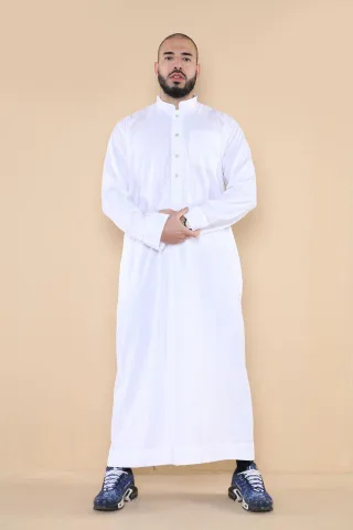 Weißer Thobe Jubba für Herren, saudischer islamischer arabischer Eid-Kaftan aus Baumwolle, Jubbah Umrah Robe