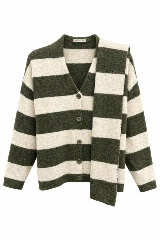 Gestreifter V-Ausschnitt Knopf-Front Strickcardigan