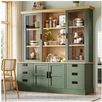 Flieks Küchenbuffet Glasvitrine Hochschrank mit 2 Glastüren und 6 Schubladen (1-St., B140/T40/H185 cm) Mehrzweckschrank Multifunktionsschrank Bücherregal Dunkelgrün & Natur