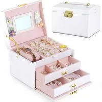 Mutig Schmuckkasten Schmuckkästchen mit 3 Schichten,Schmuckschatulle PU Leder mit Spiegel (Schmuckbox mit Spiegel und Schubladen, Innenfutter aus Samt,weiß, Schmuckbox für Ringe, Ohrringe, Armbänder, Halsketten,Platzsparend), Perfektes Geschenk für F