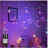 SERBASIC Lichterkette 3.5M Sterne Mond Lichtervorhang mit Stecker, 8 Modi, Timer, 31V, Für Fenster Garten Außen Weihnachtsdeko, Warmweiß & Mehrfarbig