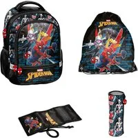 PASO Schulranzen Schulset Spider-Man (Set, 4-teilig), mit Schulrucksack, Turnbeutel, Faulenzer und Portemonnaie