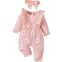 Lapastyle Strampler Baby Langarm Outfit Set, Bodysuit mit Rüschen und Gänseblümchen Muster (Set, 2-tlg) Jumpsuit & Haarband Set, 100% Baumwolle, Schleifendekor, Lässig, Süß