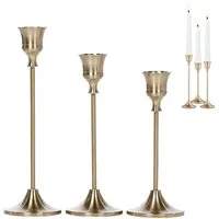 HEYHIPPO Kerzenständer Vintage Kerzenständer Tisch Candlelight Dinner Dekoration 3er Set (passend für runde Kerzen mit 2 cm Durchmesser, Drei Größen, 2,2 cm Durchmesser), Goldener konischer Kerzenhalter, Tischdekoration mit langem Griff