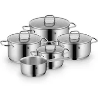 WMF Topf-Set Inspiration Induktion, Kochtopf Set mit Glasdeckel, Cromargan® Edelstahl Rostfrei 18/10 (Set, 9-tlg., Bratentopf Ø 20cm, 3x Fleischtopf Ø 16/20/24cm, Stielkasserolle Ø 16cm), für alle Herdarten geeignet, unbeschichtet