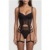 Elegant Love Set: Corsage Strass Lingerie-Set – Damenunterwäsche im Corsagenstil (Set, 3-tlg., + Tanga, Body + Netzstrümpfen) Sexy Dessous-Set – Reizwäsche