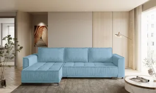 Ecksofa Schlafsofa Sofa JUNA Stoff Terra Azurblau Ottomane Links