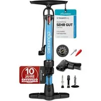 CYCLEHERO Standpumpe Hochdruck-Fahrradpumpe 160 PSI für alle Ventile mit Manometer Blau (Einzelartikel, 1-tlg., Blau), Stahlzylinder, 25 cm Standfuß, 65 cm Schlauch, 10 Jahre Garantie