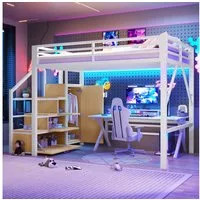 Merax Hochbett 140x200cm mit LED-Beleuchtung inkl. App-Steuerung (Jugendbett Einzelbett, 1-St) Metallbett Kinderbet mit Kleiderschrank Treppe Regalfächern Stauraum