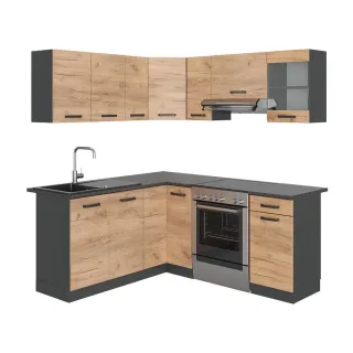 Vicco Eckküche, Eiche, Anthrazit, Holzwerkstoff, L-Form,Formgebogen, 187x81.6x46 cm, Küchen, Eckküchen, Eckküchen ohne Geräte