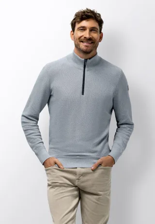 State of Art - Melierter Pullover mit halbem Rei�verschluss mittelblau/warmes grau - Gr. - XL