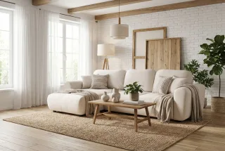 Ecksofa mit Schlaffunktion BRUSK MAX in Stoff Paros Altweiß Ottomane Links