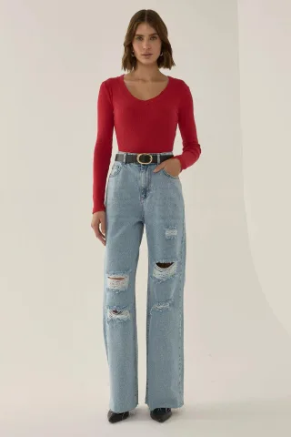 Ripped High Waist Weite Denim-Jeans