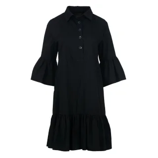 Schwarzes Kleid mit Glockenärmeln und Rüschensaum