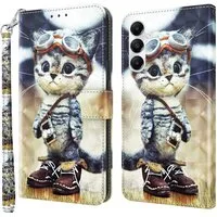 CLM-Tech Handytasche für Samsung Galaxy A37 5G Hülle aus PU Leder Klapphülle (Katze Pilot, 1-tlg., Flip Case), Magnetverschluss, Standfunktion und Kartenfächer
