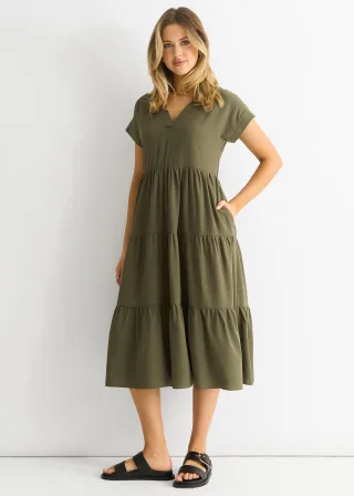 Khaki V-Ausschnitt Taschen-Smock Midikleid