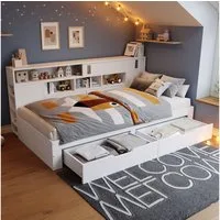 Merax Daybett (Holz Tagesbett Schlafsofa Jugendbett, 1 tlg), Einzelbett Kinderbett 140x200cm mit Schubladen, Bücherregal & Stauraum