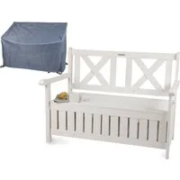 needs&wants® Gartenbank Holz wetterfest mit Stauraum, Truhenbank Holzbank Sitzbank Truhe weiß, mit Textil Abdeckung 2-Sitzer Parkbank Garten Outdoor klassisch massiv