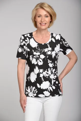 CLARINA - Rdh.-Shirt, 1/2 Arm, Druck schwarz-weiss - Gr. - 40