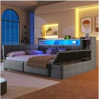 Flieks Daybett, Polsterbett 140×190cm mit LED, Aufladen, 2 Schubladen und Polsterbank