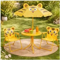 Koopman Garten-Kindersitzgruppe Sitzgruppe Tiger Strandschirm Tisch Kindermöbel 4tlg, (Stück, 1-tlg., Packung), Tiger-Design, Faltstuhl, Orange / Gelb, Schattenspender, Outdoor