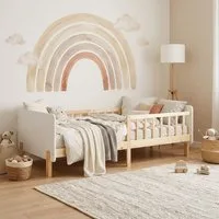 Homestyle4u Kinderbett 90x200 Holzbett Einzelbett Rausfallschutz Gestell Kinderzimmer (Set, mit Lattenrost), Weiß/Natur