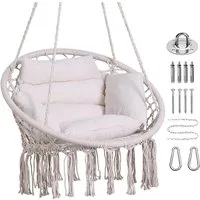 BlingBin Hängesessel Hollywoodschaukelstuhl, Hängematte mit Kissen und Hardware-Kit (1er Set, 1-St., Höchstgewichtempfehlung: 260 Pfund), Baumwollseilstuhl für Schlafzimmer, Außenbereich, Garten, Balkon, Hof