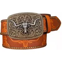 Ware aus aller Welt Nietengürtel Westerngürtel mit Longhorn-Schnalle – im authentischen Cowboy Style (1-St) Geprägte Western-Details mit Longhorn- und Blumenmotiven