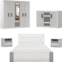 Deine Möbel 24 Schlafzimmer-Set HEAVEN II Komplettschlafzimmer Kleiderschrank 230 cm breit, (Drehtürenschrank Kleiderschrank mit Spiegeltüren Kommode 2x Nachttisch Doppelbett 160x200 inkl. Lattenrost und LED-Beleuchtung, 5-tlg., Set), mit LED-Beleuch