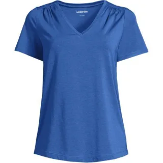 Baumwoll-Modal-Shirt mit V-Ausschnitt und Spitzenbesatz, Damen,  Blau, Elasthan/Baumwoll-Mischung/Baumwolle Modal, by Lands' End
