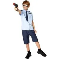 dressforfun Kostüm Polizist, auch Wachmann, in blau, Cooles Hemd mit Police-Aufnäher, Gr. 164 (13-14 Jahre), Bequeme kurze Hose, Inkl. Krawatte mit Gummizug