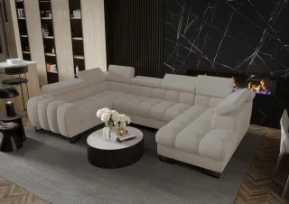 Wohnlandschaft Schlafsofa BASTIEN in Stoff Terra Beige Ottomane Rechts