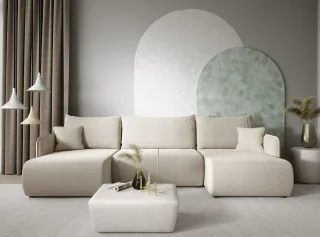 Wohnlandschaft Sofa mit Schlaffunktion CALGARY Stoff Curio Hellgrau
