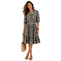 SUBLEVEL Sommerkleid Sommerkleid mit Print und Gürtel Freizeitkleid 3/4 Arm Kleid Volant