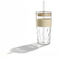 LEONARDO Coffee-to-go-Becher LEONARDO X MICHI VON WANT, Glas, Silikon, 500 ml, ToGo-Glas, Mulden-Griff, inkl. Trinkhalm, vanilla Silikonband