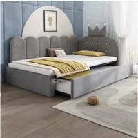 Flieks Polsterbett, Daybett L-Form 90x200cm mit Kronen-Design und Ausziehbett 90x190cm