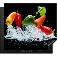 MuchoWow Herd-Abdeckplatte Paprika - Schwarz - Gemüse - Wasser - Blatt, Vinyl, (1 tlg), Küche Herdabdeckplatte Ceranfeld Vinyl Einteilig, 59x52 cm