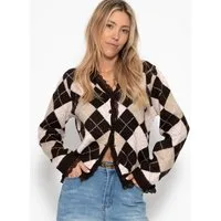 SASSYCLASSY Cardigan Strickjacke mit Rautenmuster für Damen Weicher Cardigan mit Spitzenborte und Knopfleiste Braun