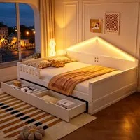REDOM Kinderbett mit LED-Lichtleiste & geräumigen Schubladen (Einzelbett Stauraumbett 140×200 cm, Holzbett), Inklusive Matratze
