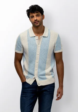 State of Art - Polo-Strickjacke aus Fancy-Garn hellbeige/mittelblau - Gr. - XL