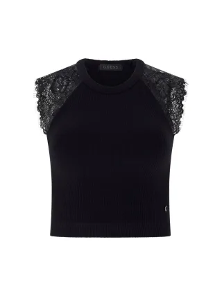 Guess - MILLIE SEAMLESS LACE SWTR TOP Jet Black A996 - Gr. - M