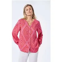 GOLDNER Kurzarmbluse Viskose-Bluse mit Tunika-Ausschnitt Gemustertes Design mit besonderem Häkelband am Rücken