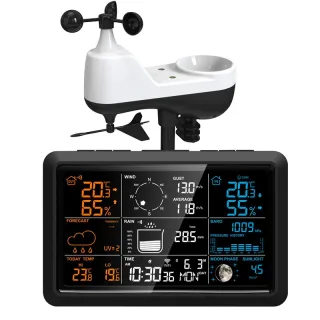 7.5" VA Tuya WiFi 5-in-1 Wireless Weather Station Auto Alarm Clock Temp-Humidity UV Sunlight Wind Rainfall Meter Solar P