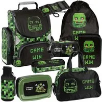 PASO Schulrucksack (Schulset, 9-tlg), Pixels, 9-tlg. Set, Schwarz