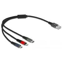 USB Ladekabel, USB-A Stecker > USB-C + Micro USB + Lightning Stecker mehrfarbig, 30cm, gesleevt, nur Ladefunktion