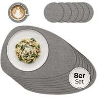 matches21 HOME & HOBBY Platzset Ovale Tischsets mit Glasuntersetzer 8er Set Greige Leinen Stoff-Optik, (8-St), Abwaschbare hitzebeständige PVC Platzsets