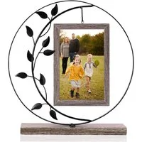 BlingBin Bilderrahmen 10x15cm Doppelglas Fotorahmen Holz mit Metall Ständer, Familien Deko, für 2 Bilder (1er Set, 1 St), Produktmaße: 28 × 26 × 5 cm, Vintage Holzbilderrahmen Fotogeschenke Fuer Oma/Mama